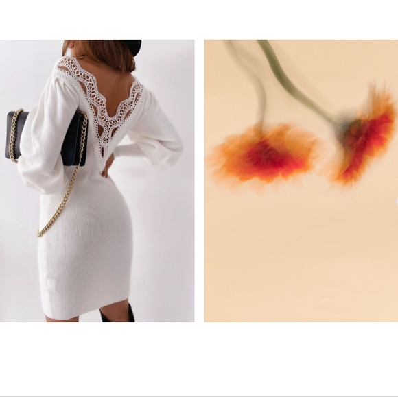 Lace Trim Backless Lantern Sleeve Ribbed Sweater Dress - Picture 2 of 3